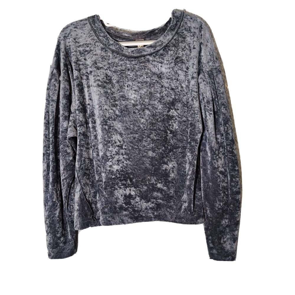 We The Free People Pullover Xs Velvet Puff Sleeve‎ Gray Sweater Retro Mod Casual